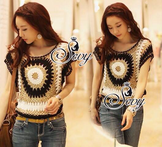 พร้อมส่ง เสื้อไหมพรมซีทรูถักทอด้วยการเล่นโทนสี