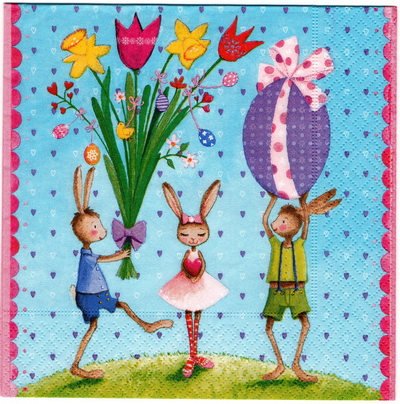 แนวภาพเทศกาล Easter Bunny กระต่ายแบกไข่อีสเตอร์ เป็นภาพบล็อค 4 กระดาษแนพกิ้นสำหรับทำงาน เดคูพาจ Decoupage Paper Napkins ขนาด 33X33cm