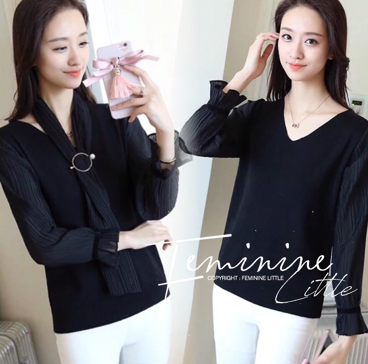 เสื้อเกาหลี พร้อมส่ง เสื้อไหมพรมมาพร้อมผ้าพันคอ