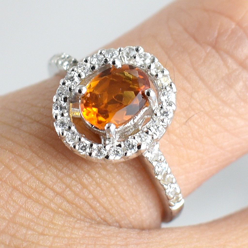 SKJewelryfactory แหวนเงินแท้ ฝังพลอยซิทรินแท้ ล้อมเพชร สไตล์หรูหรา ER02206-CIT