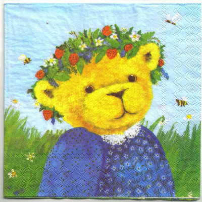 แนวภาพ Teddy Bears หมีสาวกับฝูงผึ้ง Bear & Bees เป็นภาพแนวยาว กระดาษแนพกิ้นสำหรับทำงาน เดคูพาจ Decoupage Paper Napkins ขนาด 33X33cm