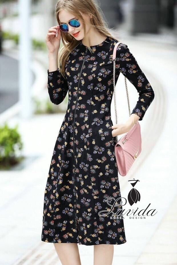 พร้อมส่ง แม็กซี่เดรสทรงยาวคลุมเข่า พิมพ์ลายสับปะรดเล็กๆ