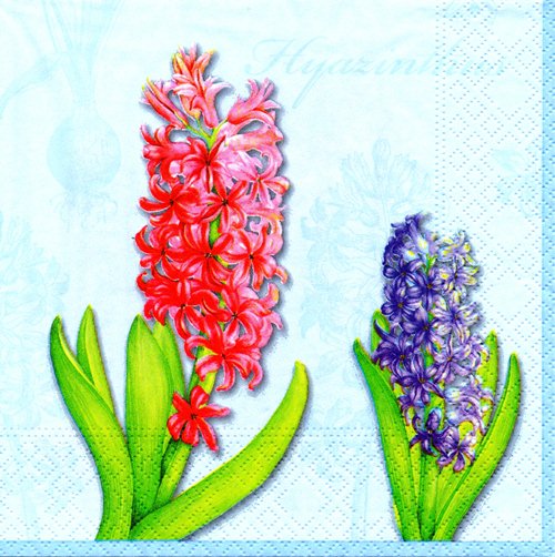 แนวภาพ ช่อดอกไม้สีฟ้า-สีแดง ภาพโทนสีฟ้า เป็นภาพแนวยาว กระดาษแนพกิ้นสำหรับทำงาน เดคูพาจ Decoupage Paper Napkins ขนาด 33X33cm