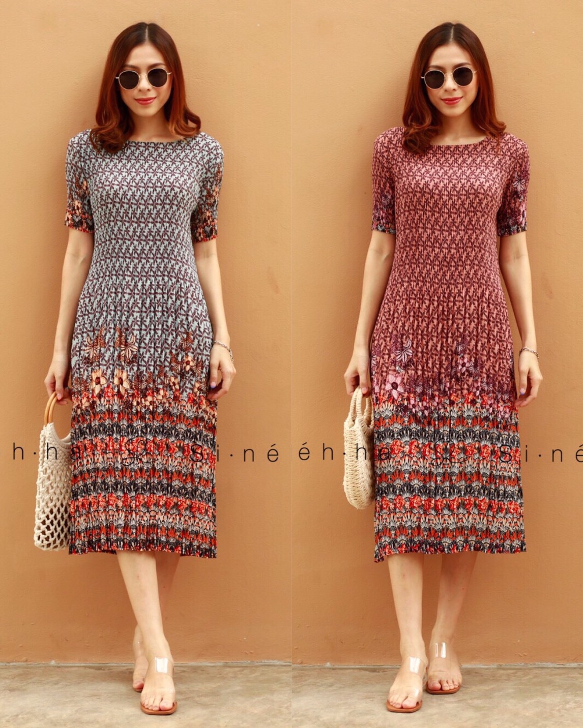 เดรสแฟชั่น พร้อมส่ง Dress ผ้าอัดพลีทปริ้นลาย
