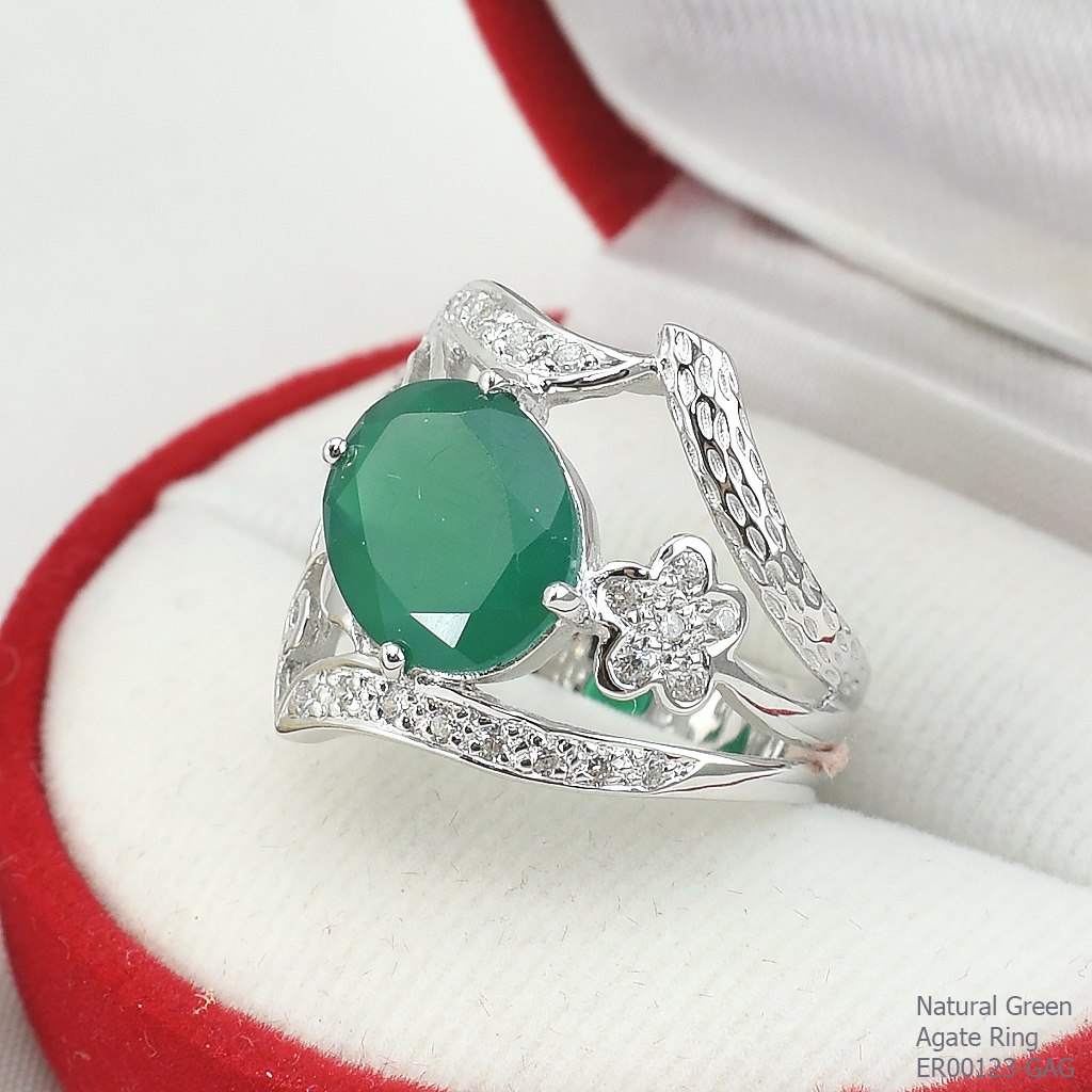 SKJewelryFactory แหวนดีไซน์ ลายใบไม้ เงินแท้ 92.5% ฝังพลอยกรีนอะเกทแท้ ER00123-GAG