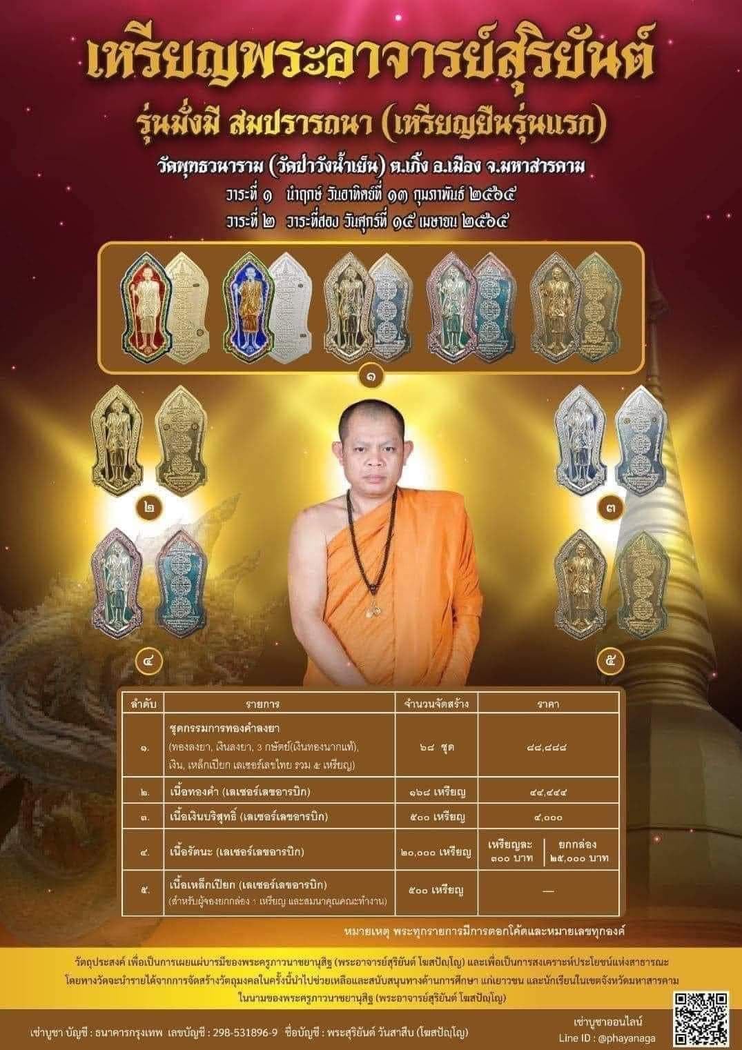 เหรียญพระอาจารย์สุริยันต์ รุ่น มั่งมีสมปรารถนา เหรียญยืนรุ่นแรก ชุดทองคำกรรมการ