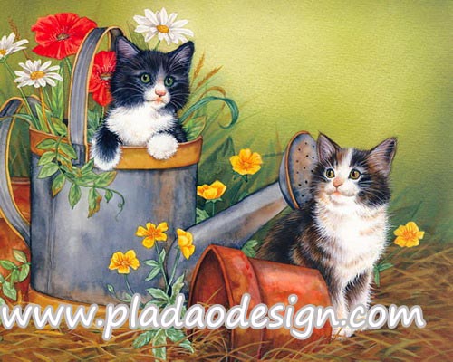 กระดาษสาพิมพ์ลาย สำหรับทำงาน เดคูพาจ Decoupage แนวภาำพ น้องแมวน้อย 2 ตัว เข้าไปนั่งเล่นในฝักบัวรดน้ำที่แปรสภาพเป็นกระถางต้นไม้