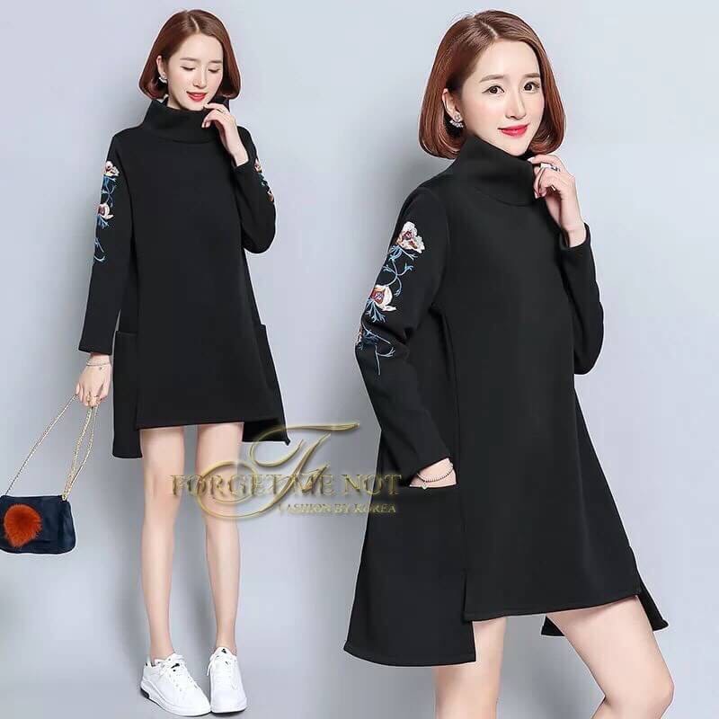 เดรสเกาหลี พร้อมส่ง Mini Dress คอเต่า แขนยาว
