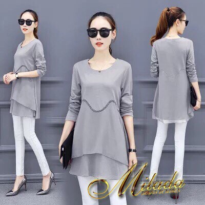 เสื้อแฟชั่น ตัวยาว คอกลม พร้อมส่ง