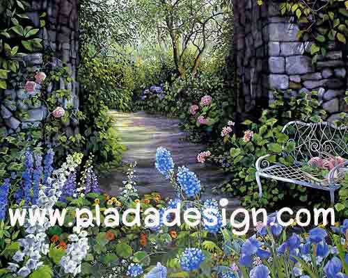 กระดาษสาพิมพ์ลาย สำหรับทำงาน เดคูพาจ Decoupage แนวภาำพ บ้านและสวน มองทะลุซุ้มหินโค้ง เป็นทางเดินลงเขาแบบป่าต้นไม้ (ปลาดาวดีไซน์)