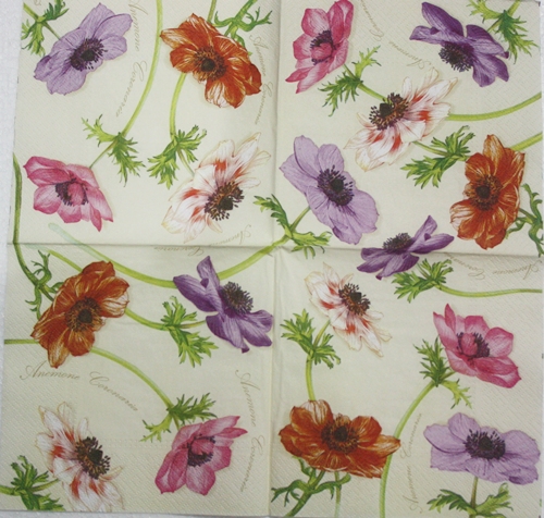 แนวภาพดอกไม้ ดอกดาวเรืองเสปน Poppy Anemone พื้นครีม เป็นภาพกระจายเต็มแผ่น กระดาษแนพกิ้นสำหรับทำงาน เดคูพาจ Decoupage Paper Napkins ขนาด 33X33cm