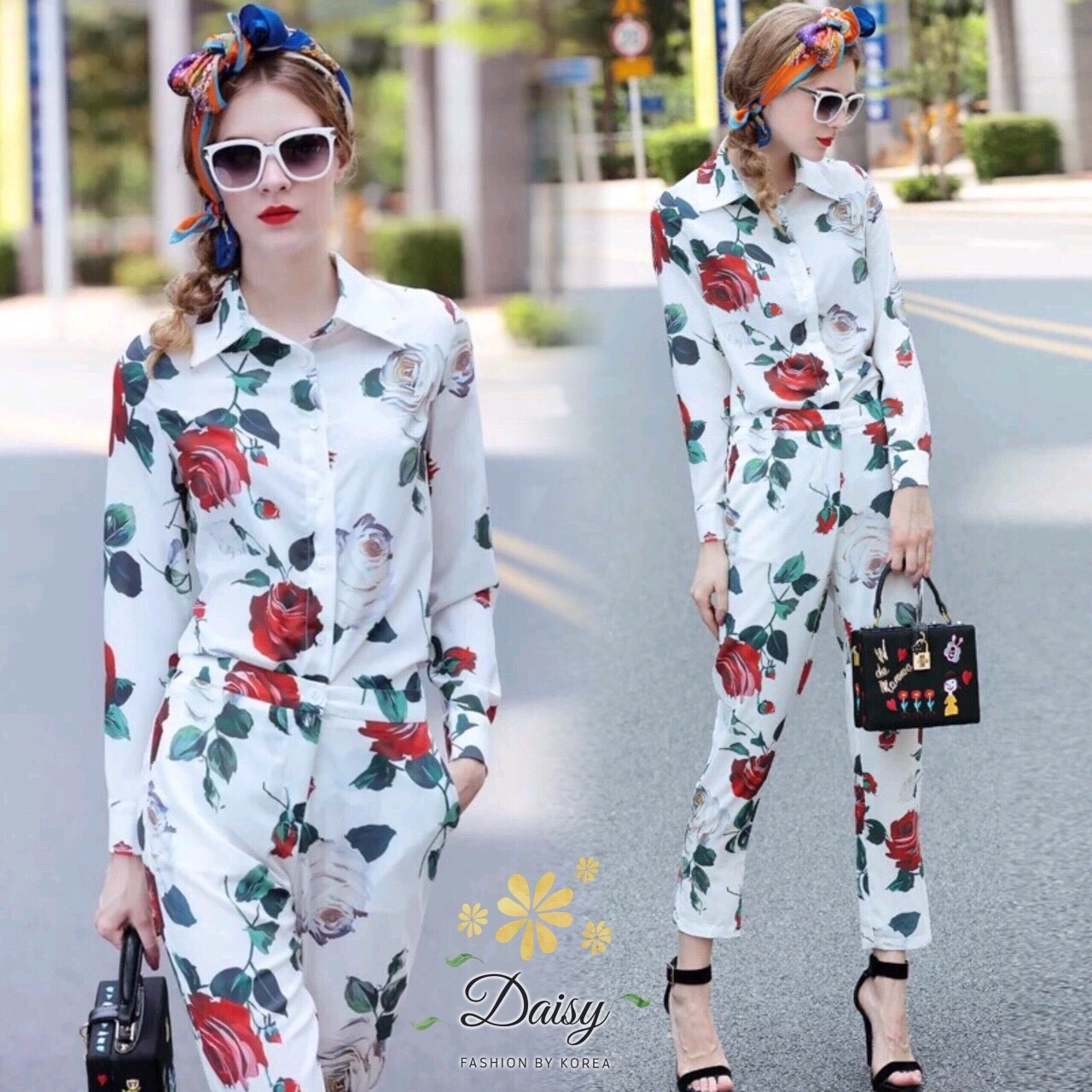 เสื้อผ้าเกาหลี พร้อมส่ง เสื้อเชิ้ตลายกุหลาบกับกางเกง