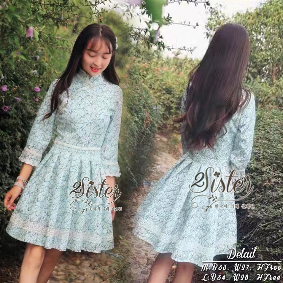 เดรสเกาหลี พร้อมส่ง เดรสสั้น คอจีน สีหวาน