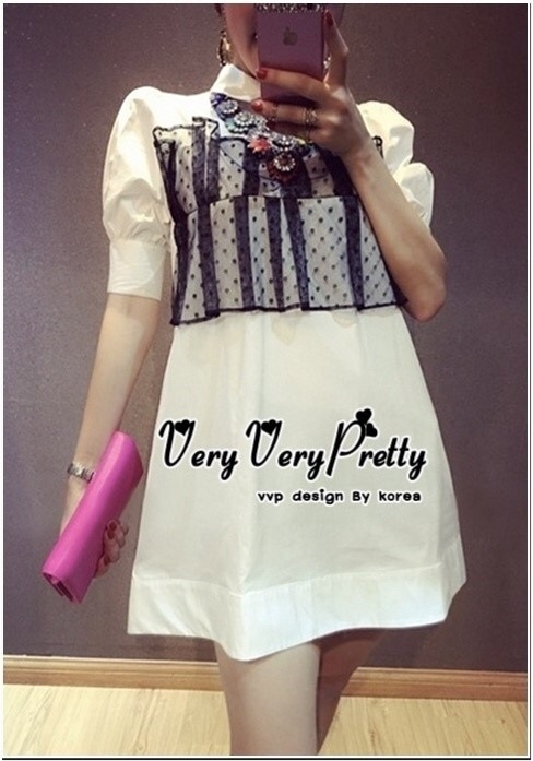 พร้อมส่ง มินิเดรสทรงเชิตแขนพอง