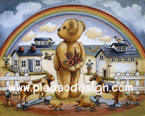 กระดาษอาร์ทพิมพ์ลาย สำหรับทำงาน เดคูพาจ Decoupage แนวภาพ Teddy Bear หมี เท็ดดี้ กับสายรุ้ง