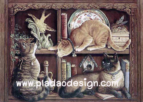 กระดาษสาพิมพ์ลาย สำหรับทำงาน เดคูพาจ Decoupage แนวภาพ 3 แมว ยึดพื้นที่ในตู้โชว์ของแต่งบ้าน