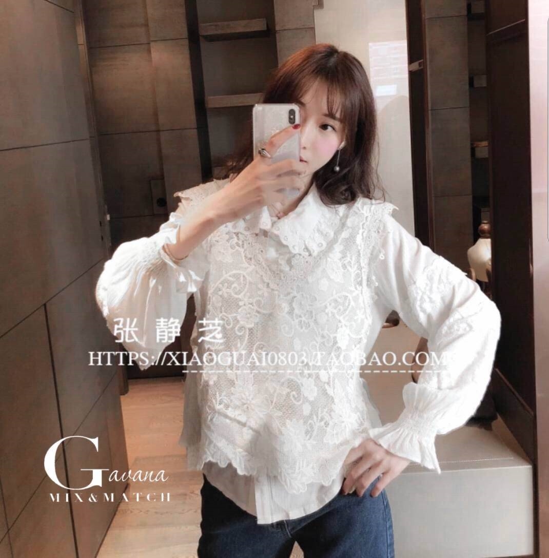 เสื้อเกาหลี พร้อมส่ง เสื้อเชิ๊ต แขนยาว คอบัว แต่งลูกไม้