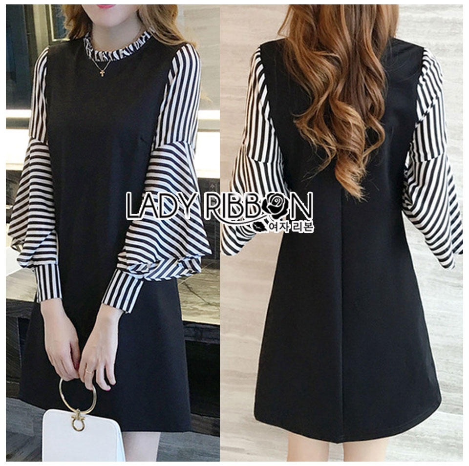 พร้อมส่ง เดรสเกาหลี สีดำตกแต่งแขนเสื้อลายทาง