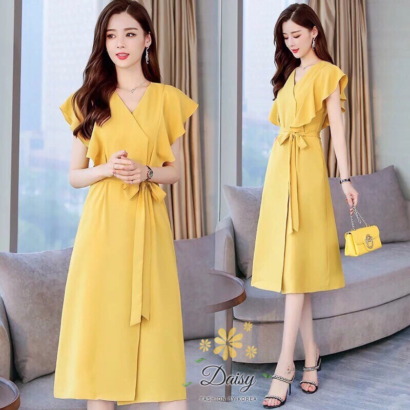ชุดเดรสเกาหลี พร้อมส่ง เดรสยาว ทรงป้ายด้านหน้า
