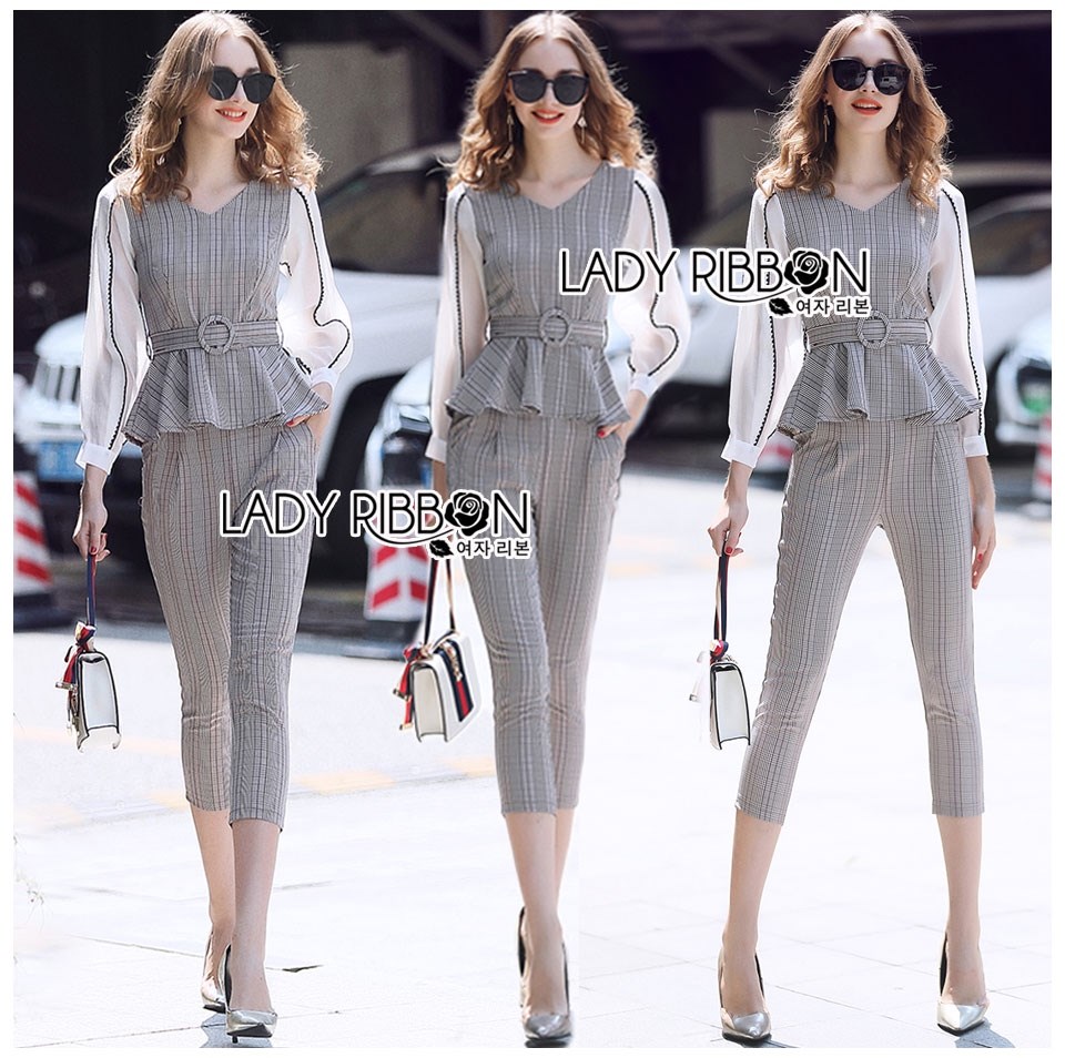 เสื้อผ้าเกาหลี พร้อมส่ง เสื้อและกางเกงทอลายสก็อตสีเทา