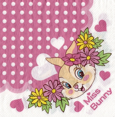 แนวภาพการ์ตูน Miss Bunny กระต่ายชมพู เป็นภาพเข้ามุม กระดาษแนพกิ้นสำหรับทำงาน เดคูพาจ Decoupage Paper Napkins ขนาด 33X33cm