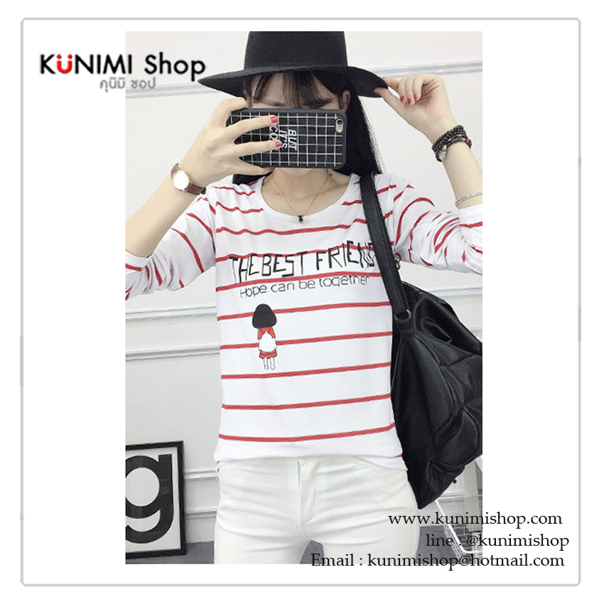 GP012 เสื้อยืด แขนยาว สีขาว ลายขวาง สลับแดง พิมพ์ลายการ์ตูน สวยเก๋ เนื้อผ้ามีความยืดหยุ่น ขนาด Free size รอบอกไม่เกิน 38 นิ้ว