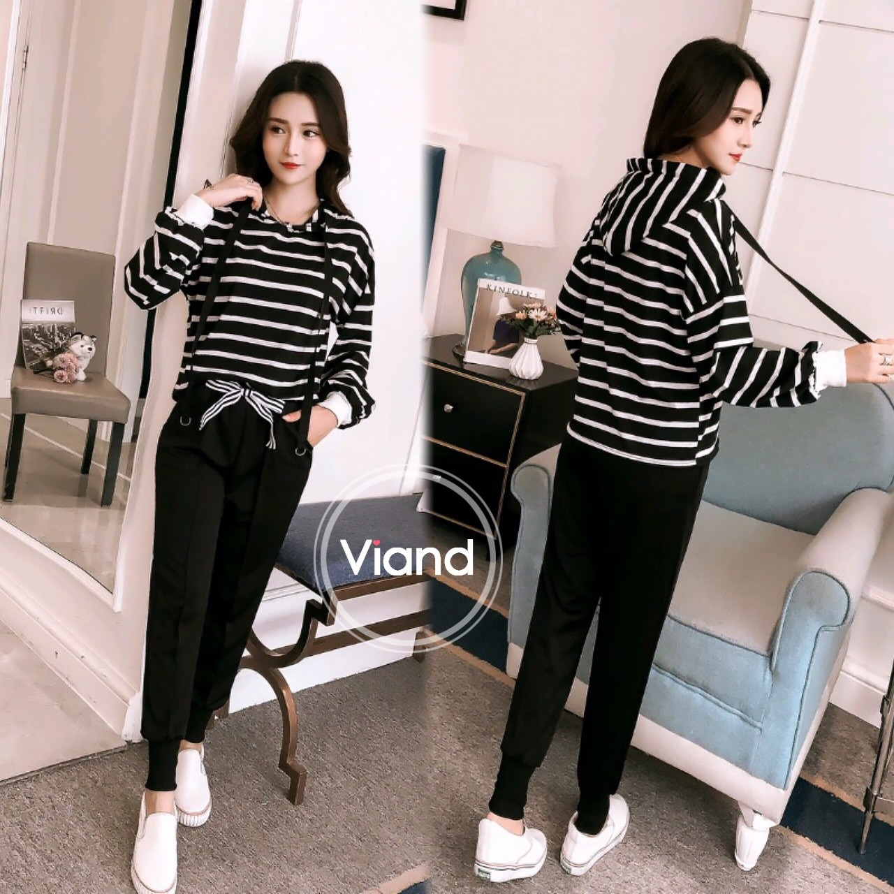 เสื้อผ้าเกาหลี พร้อมส่ง เสื้อนิ่มลายริ้วมีฮูท