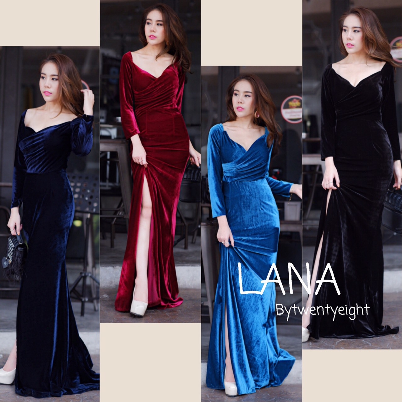ชุดเดรสเกาหลี พร้อมส่ง ชุดราตรี แขนยาว คอวีกว้าง