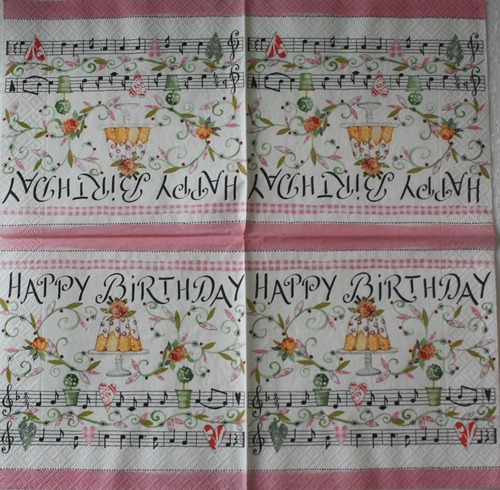 แนวภาพ Happy Birthday เค้กวันเกิด กับโน๊ตเพลง เป็นภาพแนวยาว กระดาษแนพกิ้นสำหรับทำงาน เดคูพาจ Decoupage Paper Napkins ขนาด 33X33cm