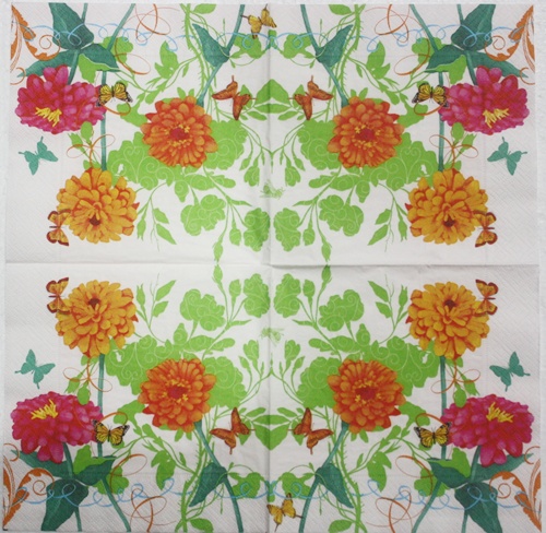 แนวภาพดอกไม้ ดอกบานชื่น ส้มแดง กับผีเสื้อ Zinnia เป็นภาพครึ่งแผ่น กระดาษแนพกิ้นสำหรับทำงาน เดคูพาจ Decoupage Paper Napkins ขนาด 33X33cm
