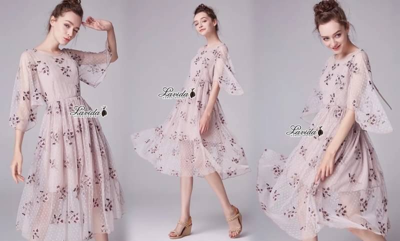 เดรสเกาหลี พร้อมส่ง เดรส ผ้าซีทรู ลายจุด