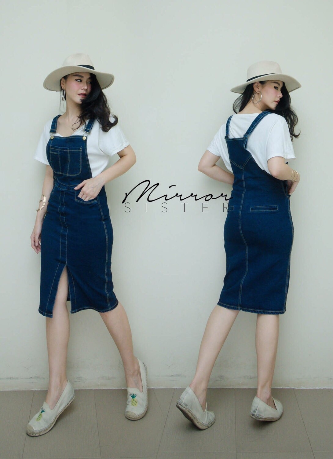 เสื้อผ้าเกาหลี พร้อมส่ง เอี๊ยมกระโปรงยีนส์ ทรงดินสอ ผ่าหน้า