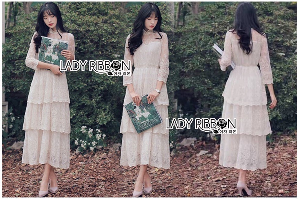 ชุดเดรสเกาหลี พร้อมส่ง เดรสยาว ผ้าลูกไม้สีขาว