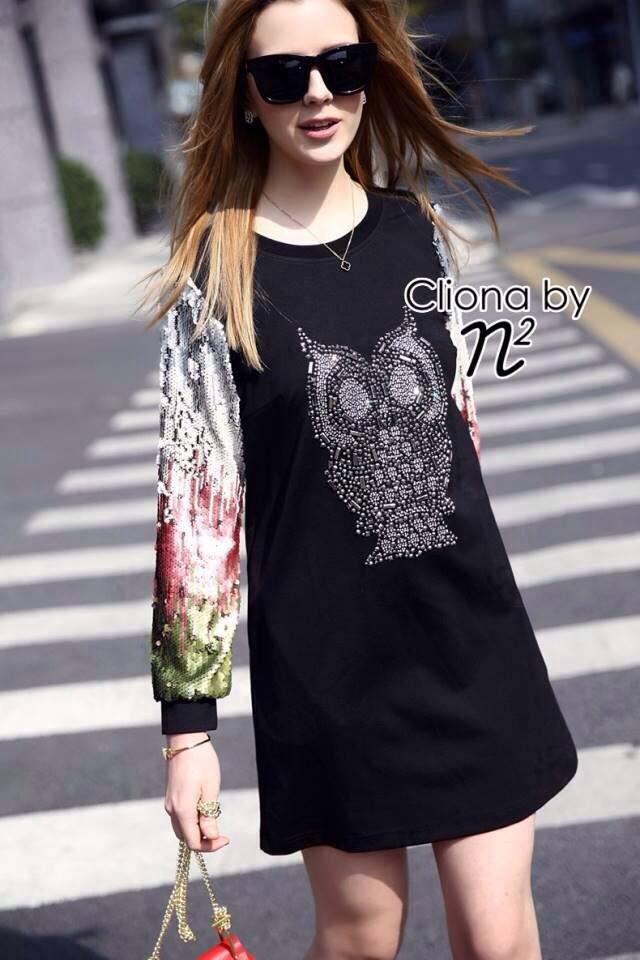พร้อมส่ง Mini Dress แต่งลายนกฮูก