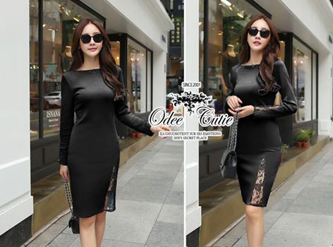 พร้อมส่ง เดรสเว้าแบบ cut-out ตัดต่อลูกไม้ซีทรูสีดำ ด้านหลัง V