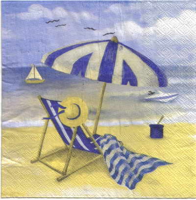 แนวภาพทะเล เก้าอี้ผ้าใบ ชายหาด Beach Chair เป็นภาพบล็อค 4 กระดาษแนพกิ้นสำหรับทำงาน เดคูพาจ Decoupage Paper Napkins ขนาด 33X33cm