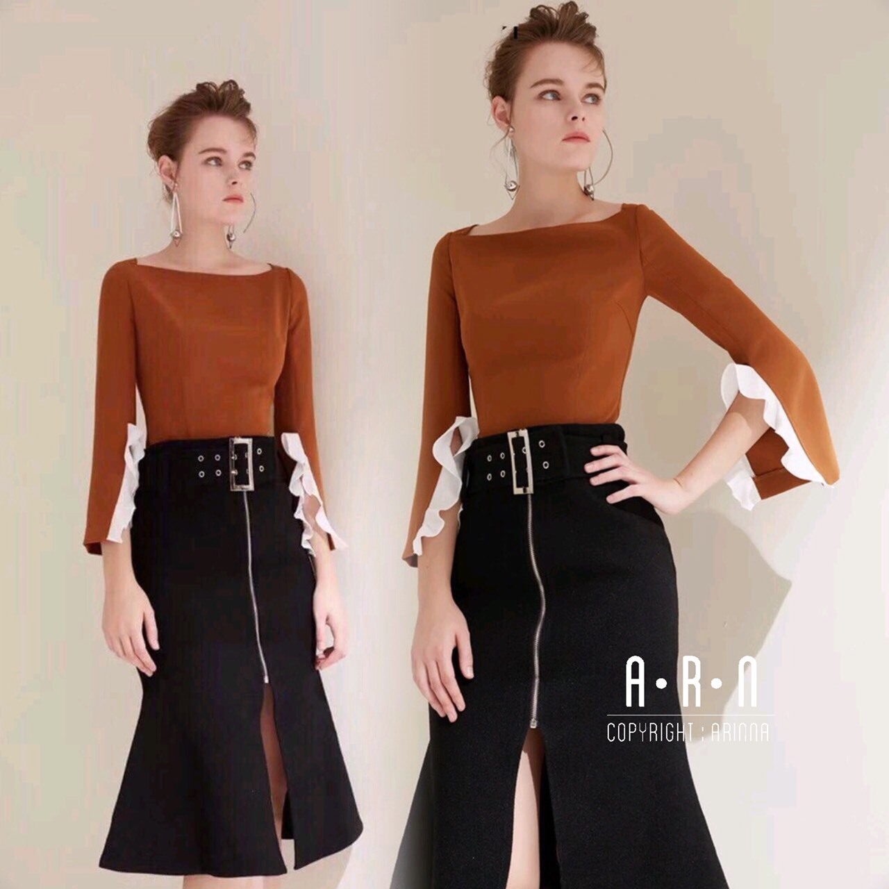 เสื้อผ้าเกาหลี พร้อมส่ง เสื้อคอเหลี่ยม กับ กระโปรงเอวสูง หางปลา