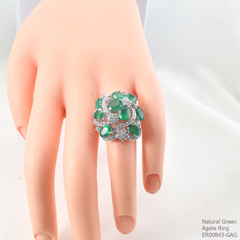 SKJewelryFactory แหวนดอกไม้พุ่มใหญ่ สีเขียวขจี สีนี้เหมาะสำหรับคนเกิดวันพุธ แหวนพลอยกรีนอะเกทแท้ ER00843-GAG