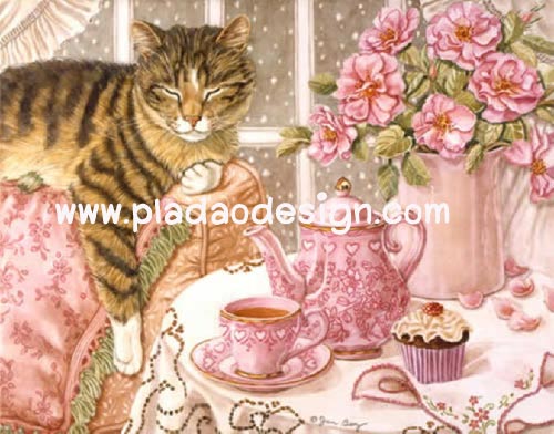 กระดาษสาพิมพ์ลาย สำหรับทำงาน เดคูพาจ Decoupage แนวภาพ แมวลายเสือนอนหลับเฝ้าชุดน้ำชายามบ่ายสีชมพูหวานเจี๊ยบ