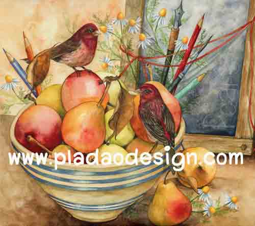 กระดาษอาร์ตพิมพ์ลาย สำหรับทำงาน เดคูพาจ Decoupage แนวภาำพ นกน้อยตัวอ้วนกลม 2 ตัว นั่งเล่นอยู่ในชามใส่ผลไม้ ลูกแพร์ เป็นภาพวาดสีสวยคลาสสิค (ปลาดาวดีไซน์)