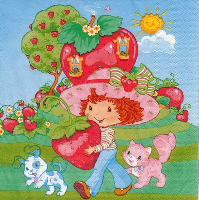 แนวภาพการ์ตูน Strawberry Shortcake สตอร์เบอรี่ ช็อตเค้ก เป็นภาพบล็อค 4 กระดาษแนพกิ้นสำหรับทำงาน เดคูพาจ Decoupage Paper Napkins ขนาด 33X33cm