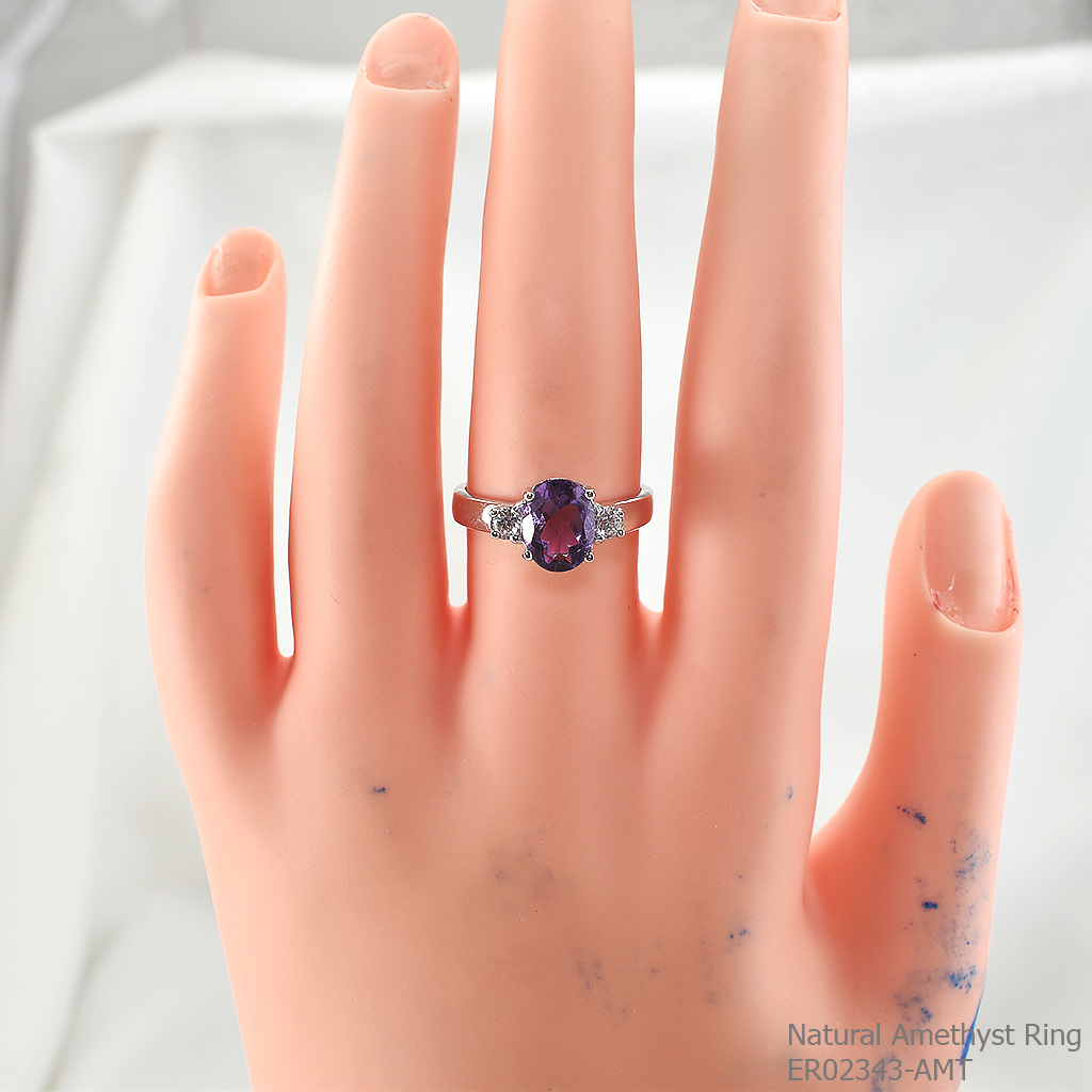 SKJewelryFactory แหวนเงินแท้ ฝังพลอยแอมิทิสต์แท้ ประดับด้วยเพชร ER02343-AMT