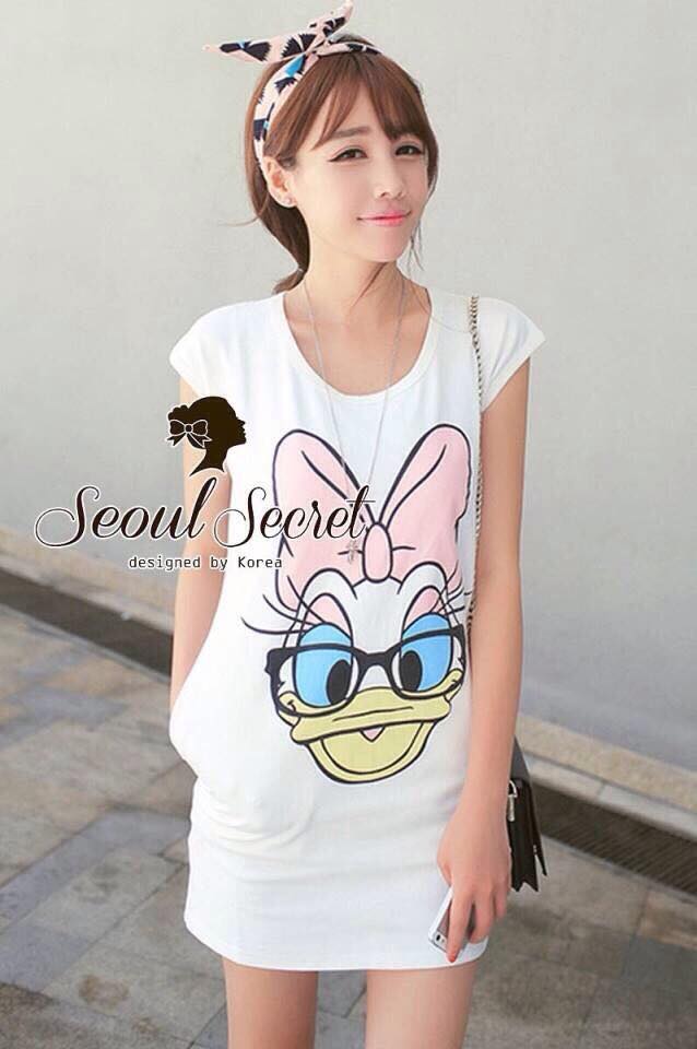 พร้อมส่ง เดรสแขนกุด สกรีนลาย Daisy Duck