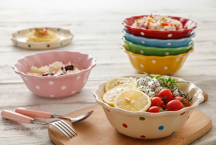 Pre-Order ชามแกง ชามก๋วยเตี๋ยว ชามเซรามิค ขอบหยัก ลายจุด Polka Dot น่ารักๆ มีให้เลือก 6 สี