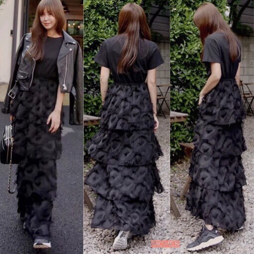 ชุดเดรสเกาหลี พร้อมส่ง เดรสยาว ระบาย4ชั้นไล่ระดับ