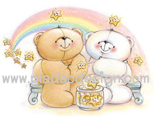 กระดาษสาพิมพ์ลาย สำหรับทำงาน เดคูพาจ Decoupage แนวภาำพ ภาพวาด ภาพแนวการ์ตูน น้องหมี ฮอลล์มาร์ค Hallmarks bear น้องหมีคู่รัก สีขาว น้ำตาล นั่งจีบกันโดยการประดับดาวไว้บนสายรุ้งแห่งความรัก (ปลาดาวดีไซน์)