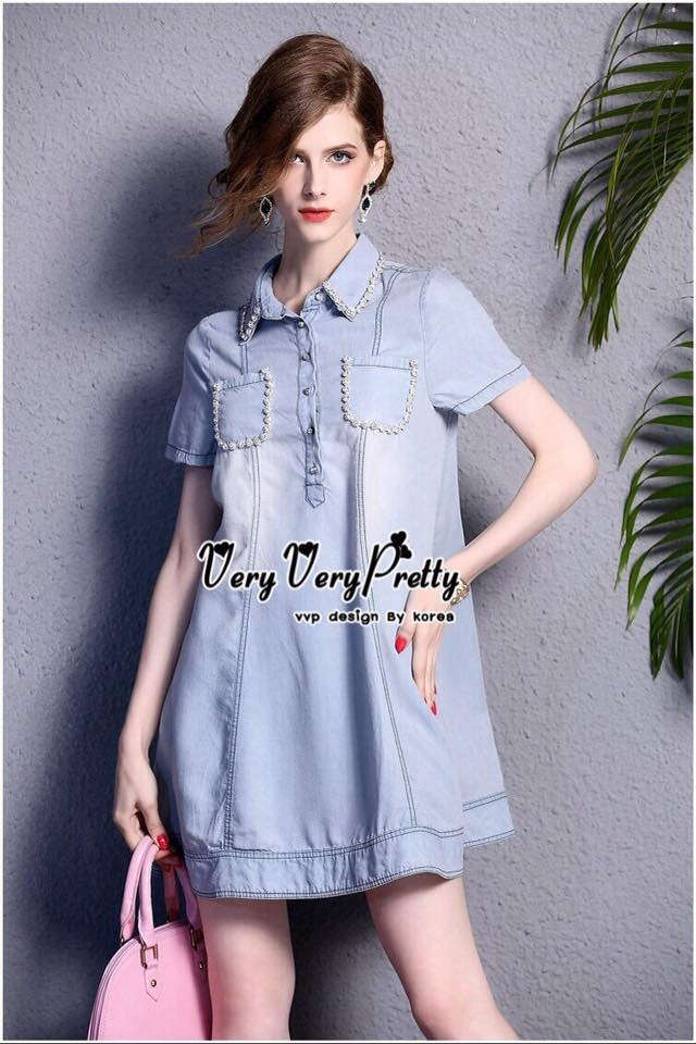 พร้อมส่ง เดรสเชิตผ้าเดนิมผสม เดรสแฟชั่น