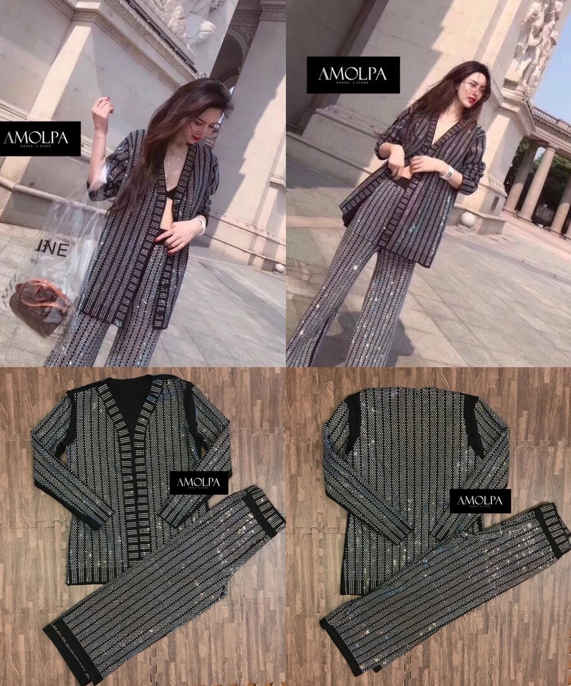 เสื้อผ้าเกาหลี พร้อมส่ง Set เสื้อคลุม + กางเกง สีดำ