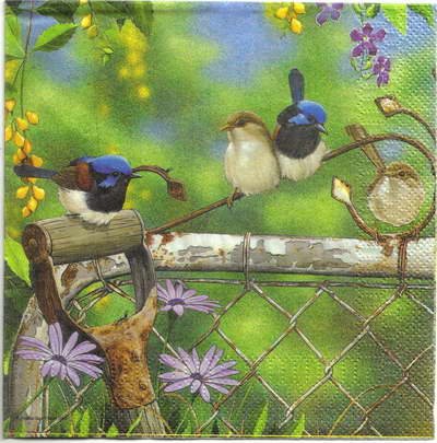 แนวภาพวินเทจ นก เกาะรั้ว ในสวน Garden Bird สัตว์ เป็นภาพบล็อค 4 กระดาษแนพกิ้นสำหรับทำงาน เดคูพาจ Decoupage Paper Napkins ขนาด 33X33cm