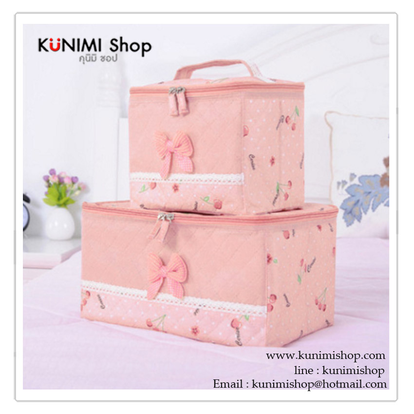 GB185 กระเป๋าจัดระเบียบ จัดเก็บสิ่งของ สีส้มอมชมพู ลายเชอร์รี่ สามารถใส่เสื้อผ้า เครื่องสำอางค์ ชุดชั้นใน ของใช้ต่างๆ ซิบเปิด-ปิด มีหูหิ้ว มี 2 ขนาด สามารถเลื่อนลงไปดูรายละเอียดด้านล่างได้คะ